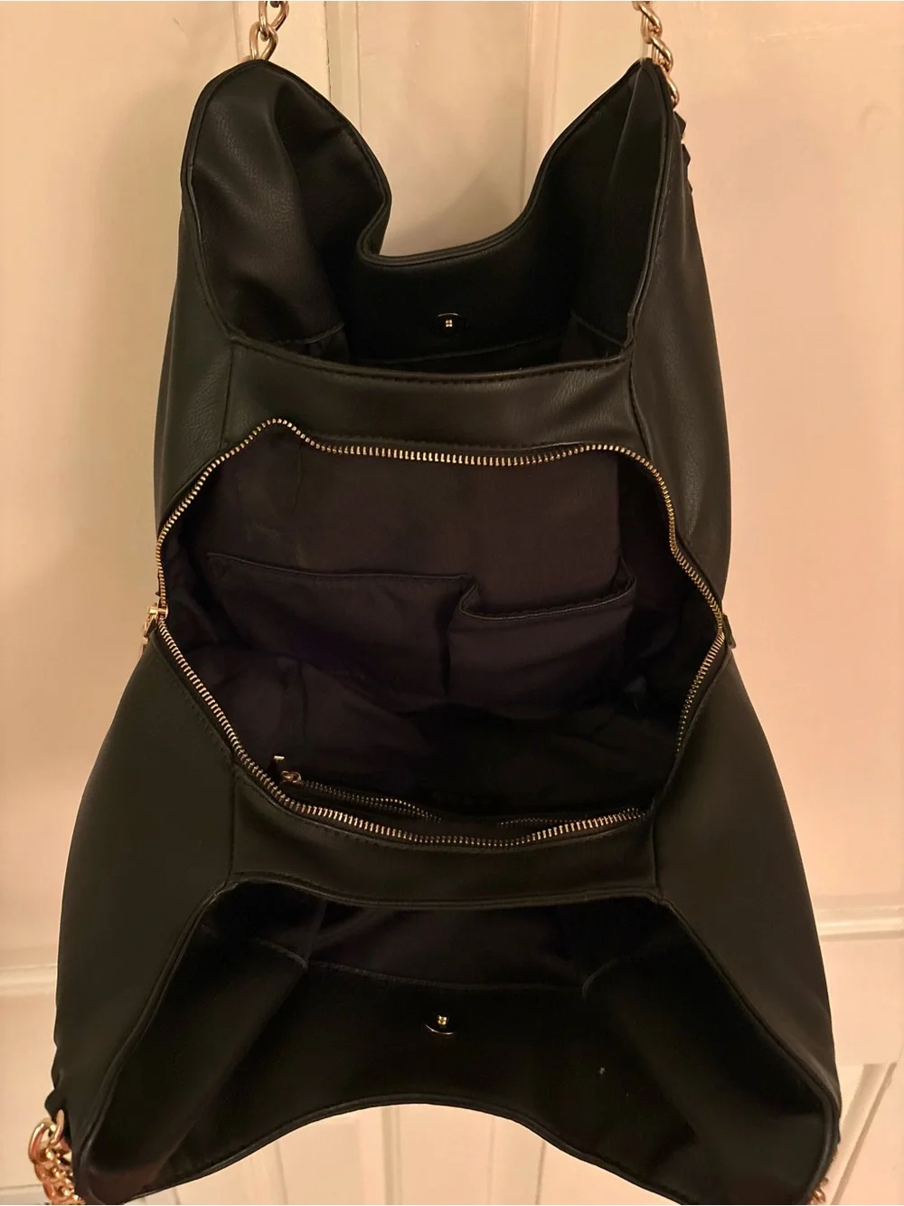 BEBE Colette Black Hobo Shoulder Bag Gold Chain Hardware Large Purse Tote NWOT